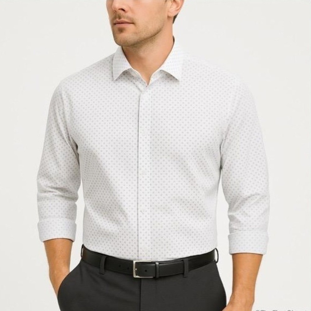 Calvin Klein Shirt XL‎ 17.5 32/33 Slim Fit Steel + Stretch White Micro Square